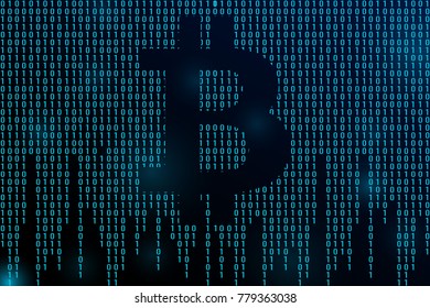 Horizontal banner with bitcoin and dark blue background with binary code and place for your text. Stock vector illustration.