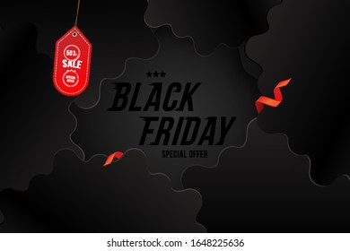 Horizontal banner Black Friday 50% offer. Design template card with red label on black background. Flat vector illustration EPS 10
