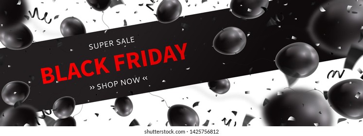 Horizontal banner for Black Friday sale. Realistic air black balloons with serpentine and confetti on white background. Seasonal discount offer. Vector illustration.