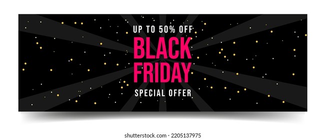 Horizontal banner Black Friday Sale. Special offer up to 50% off. Vector illustration of discount template black background
