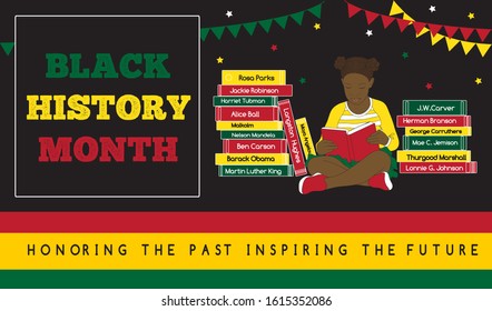 Horizontal banner for Black History month Girl with stack of books reading about famous African Americans. Good as template for poster, educational program Contain names of significant African people 