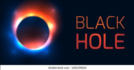 Horizontal banner with black hole and place for text. The explosion of the old star. Defocused round hole with flashes. Vector template for web banner, card and your design.