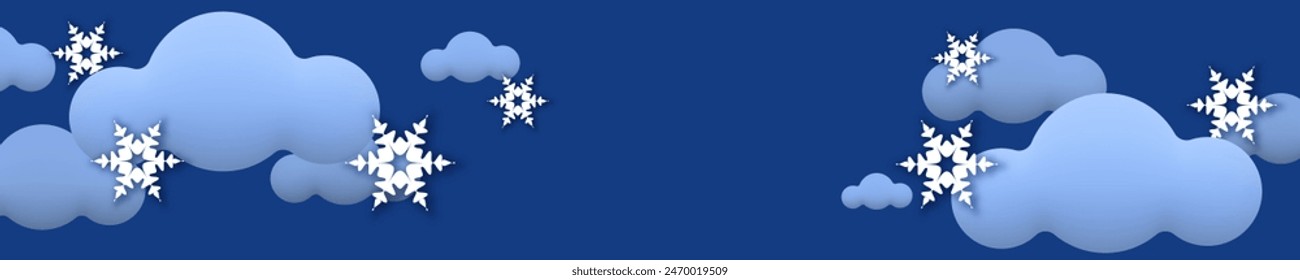 Horizontal banner with blue clouds and snowflakes. Night sky vector background