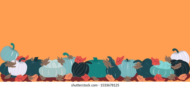 Horizontal banner with blue pumpkins variety and autumn leaves on orange background. Fall and winter harvest blue green squashes. Vector Illustration.