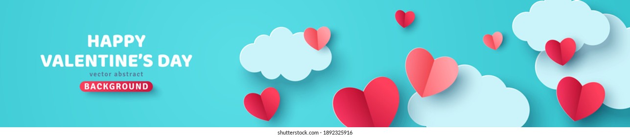 Horizontal banner with blue sky, paper cut clouds and red hearts. Place for text. Happy Valentines day sale header or voucher template.