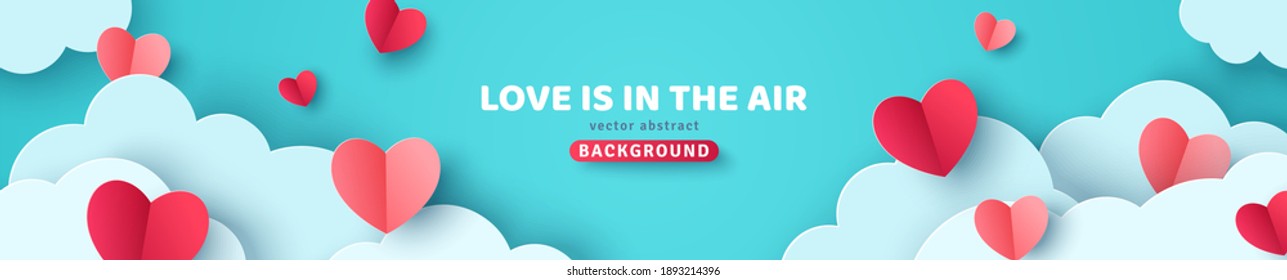 Horizontal banner with blue sky, paper cut clouds and pink hearts. Place for text. Happy Valentines day sale concept header or voucher template.