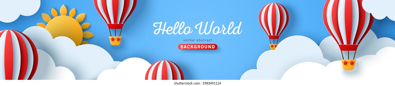 Horizontal banner with blue sky and paper cut clouds. Place for text. Happy summer day sale header or voucher template with sun and hot air balloons.