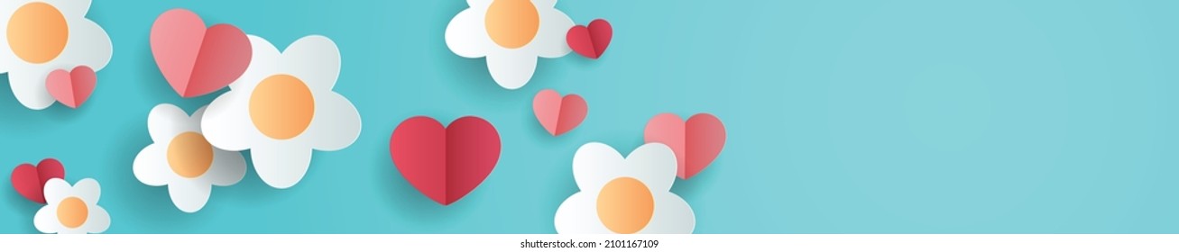 Horizontal banner with blue sky and paper cut flower. Place for text. Happy Valentine's day sale header or voucher template with hearts.