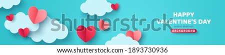 Horizontal banner with blue sky and paper cut clouds. Place for text. Happy Valentine's day sale header or voucher template with hearts.