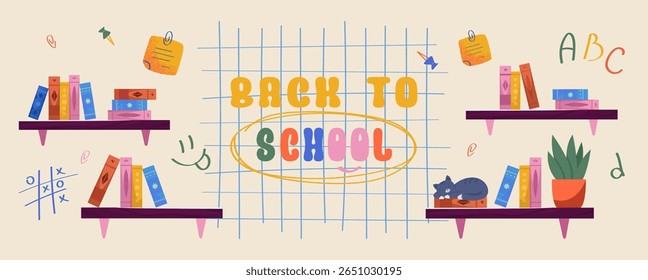 Banner horizontal com estantes, cartas ABC e texto colorido de volta à escola. Ótimo para banners da Web, boletins informativos e cabeçalhos de sites com temas educacionais.