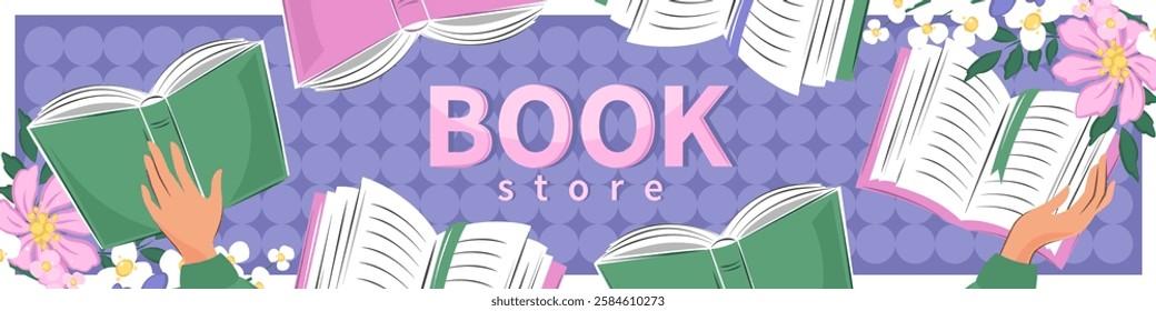 Horizontal banner for bookstore, bookshop or library. People read books  with spring flowers. Vector illustration for poster, cover, marketing, sale.