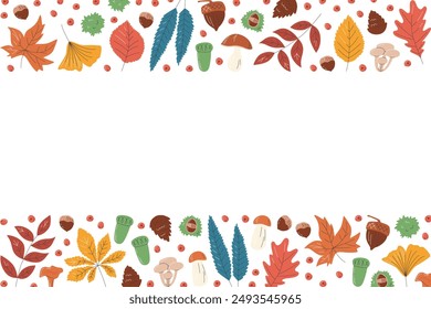 Horizontal composición de bordes de Anuncio con follaje otoñal. Marco rectangular de varias hojas de otoño. Diseño de fondo de la temporada de calabaza dorada. Ilustración vectorial plana dibujada a mano con espacio de copia