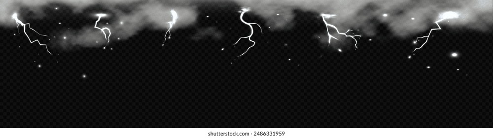 A horizontal banner with a border of dense, thick misty clouds and bright electric lightning discharges on top. Realistic clouds with thunder. Vector illustration on a transparent background.