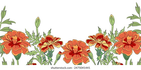 Anuncio Horizontal, bordeado de hermosas flores de caléndula en flor, flores del mes de nacimiento de octubre y hojas. Ilustración vectorial plana botánica de otoño aislada sobre fondo blanco con copyspace para texto