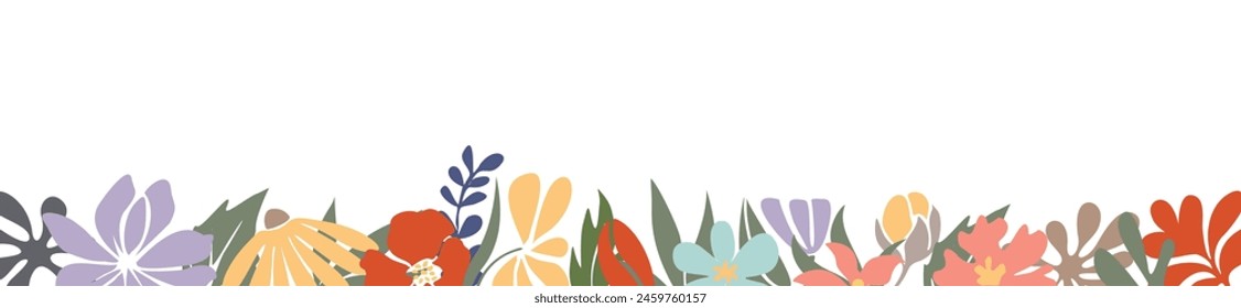 Anuncio Horizontal, bordeado de hermosas flores y hojas abstractas multicolores que florecen. Primavera, verano Ilustración vectorial plana botánica aislada sobre fondo blanco.	