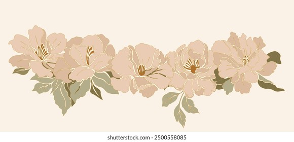 Horizontal banner,  border with gorgeous pastel blooming peony flowers and leaves with gold outlines. Summer, autumn botanical flat vector illustration isolated on white background