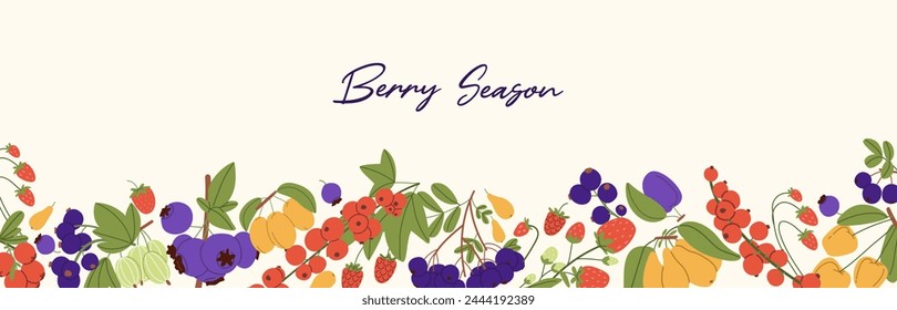 Horizontal banner with border of ripe berries. Wild and garden branches of strawberry, gooseberry, blueberry, raspberry, red currant on background with place for text. Flat vector illustration