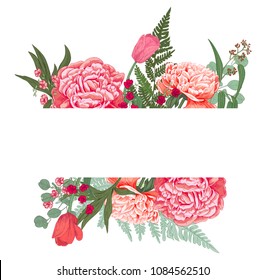 Horizontal banner with bouquet of red, pink flowers and greenery: carnation, peony, tulip, leaves fern, eucalyptus on white background, hand draw, engraving vintage sketch style, botanical vector