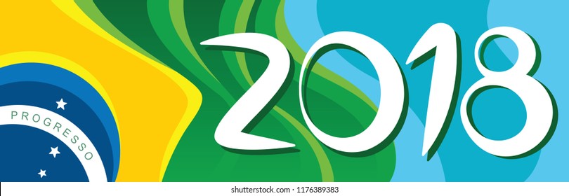 Horizontal banner of Brazil flag with the lettering 2018 in front
