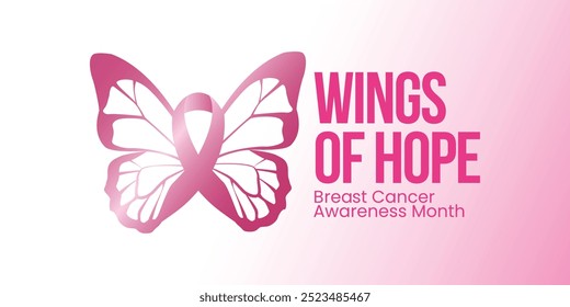 Horizontal banner for Breast Cancer Awareness Month featuring a butterfly with wings shaped like pink ribbons, symbolizing hope and transformation.