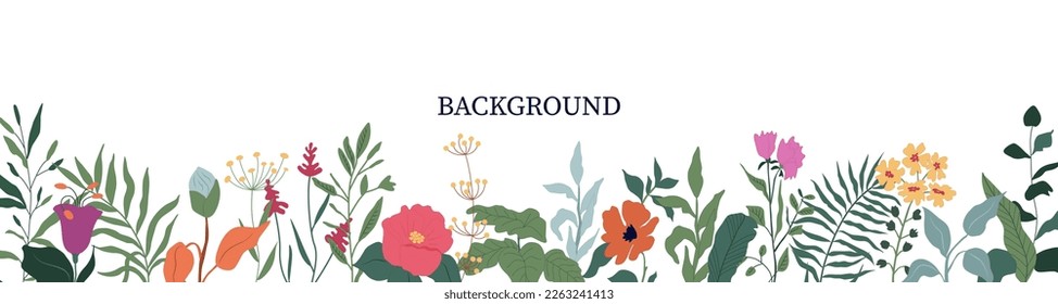 Horizontal banner with bright beautiful colors highlighted on a white background. Spring-summer botanical vector illustration isolated on a white background. Vector illustration