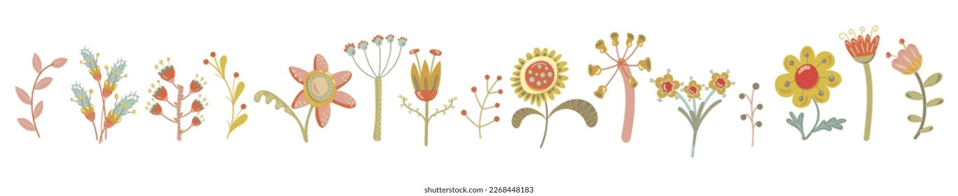 Horizontal banner with bright beautiful flowers isolated on a white background. Spring and summer botanical vector illustration isolated on white background. Vector illustration