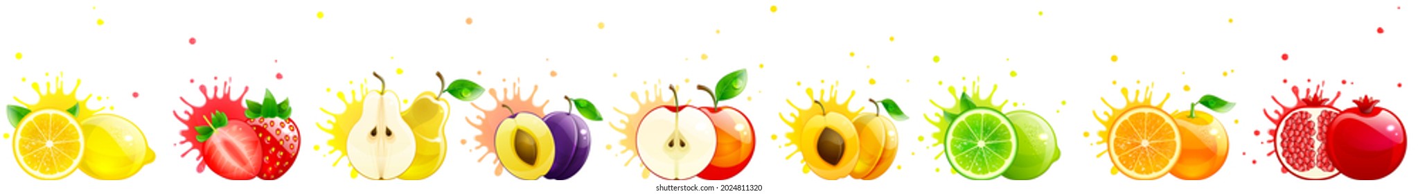 horizontal banner with bright fruits on white background