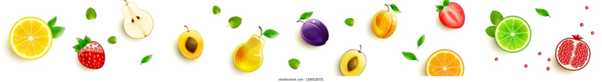 horizontal banner with bright and juicy fruits on a white background