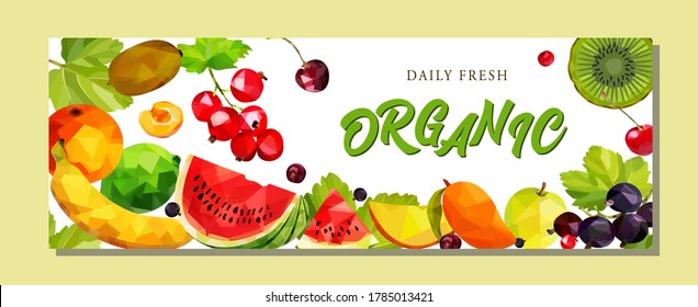 Horizontal banner with bright low poly fruits and berries. Can be used as a poster or advertisement for your product.