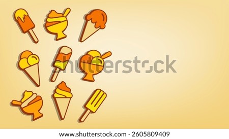 Horizontal banner with bright yellow orange cartoon ice creams. Different balls in waffle cone, soft serve gelato, popsicle. Vector HD minimalist template with copy space for background design.