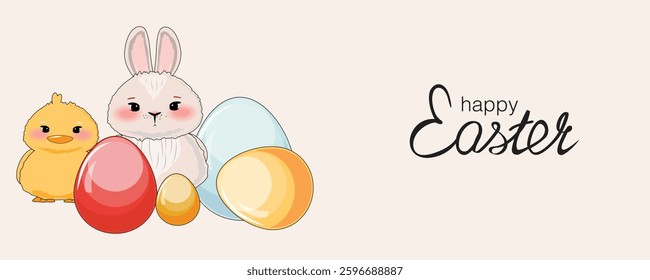 Horizontal banner with bunny and duck surrounded by red, blue, orange Easter eggs