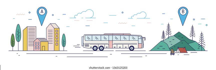 Horizontal banner with bus riding along road from departure point towards camping at destination point. Touristic transportation service, tourism and travel. Vector illustration in line art style.