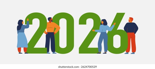 Horizontal banner with business people near 2026 green numbers. Men and women celebrate new year holidays and christmas. Vector illustration