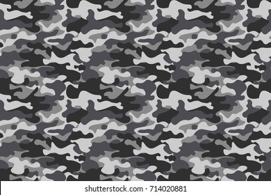 Horizontal banner camouflage seamless pattern background. Classic clothing style masking camo repeat print. Black grey white colors winter ice texture. Design element. Vector illustration.