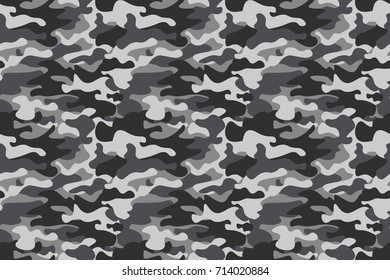 Horizontal banner camouflage seamless pattern background. Classic clothing style masking camo repeat print. Black grey white colors winter ice texture. Design element. Vector illustration.