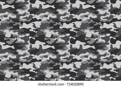 Horizontal banner camouflage seamless pattern background. Classic clothing style masking camo repeat print. Black grey white colors winter ice texture. Design element. Vector illustration.