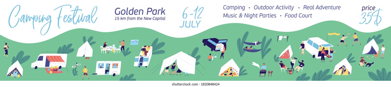Horizontal banner of camping festival vector flat illustration. Advertising template in tent city with place for text isolated. Outdoor activity for man, woman, family and couple. 
