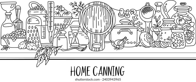 Horizontal banner with canned food. Hand-drawn vector illustration on transparent background