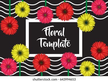 Horizontal banner, card, label, invitation template, floral design decoration, realistic looking gerbera daisy flowers and wavy background.