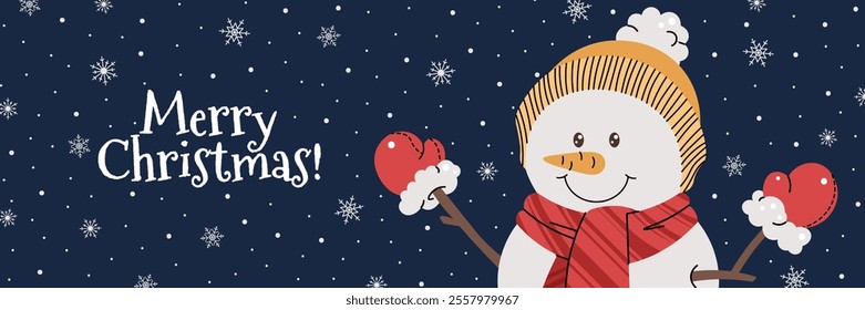 Horizontal banner  card with a snowman in a hat and scarf on a blue background with snowflakes in a cartoon flat style. Vector background for poster, banner, invitation, etc.