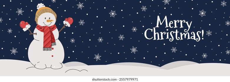 Horizontal banner  card with a snowman in a hat and scarf on a blue background with snowflakes in a cartoon flat style. Vector background for poster, banner, invitation, etc.