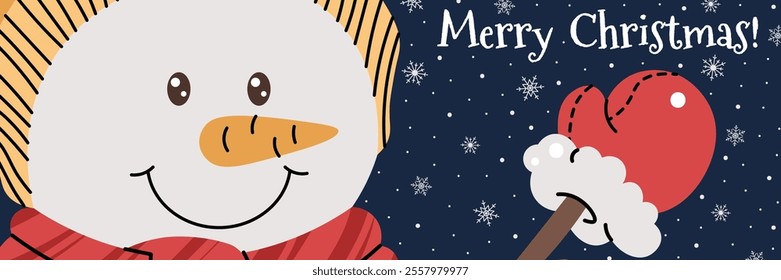 Horizontal banner  card with a snowman in a hat and scarf on a blue background with snowflakes in a cartoon flat style. Vector background for poster, banner, invitation, etc.