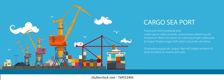 Horizontal Banner of Cargo Seaport , Cranes in Port Load Containers on the Ship or Unload, Poster Brochure Flyer Design, Vector Illustration