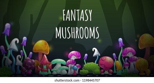 Horizontal banner with cartoon colorful fantasy mushrooms. Vector fairy forest illustration.