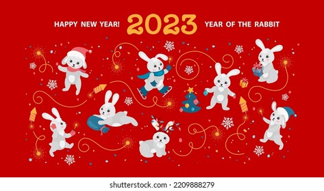 Horizontal banner with cartoon rabbits, symbol of 2023 Chinese New Year. Bunnies in Santas hats and mittens cheerfully celebrating, decorating the Christmas tree, preparing gifts, lighting sparklers