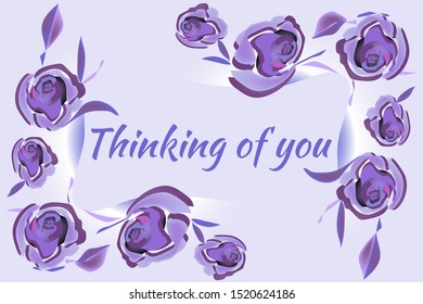 Horizontal banner with cassis roses on blue pastel background and with place for text. Text - Thinking of you. Vector illustration for holiday romance card.