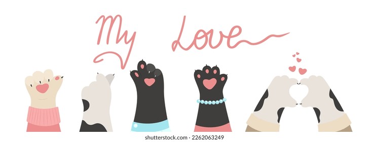 Horizontal banner with cat paws, heart finger gestures, vector flat illustration. Funny paws of animals.