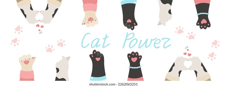 Horizontal banner with cat paws, heart finger gestures, vector flat illustration. Funny paws of animals.