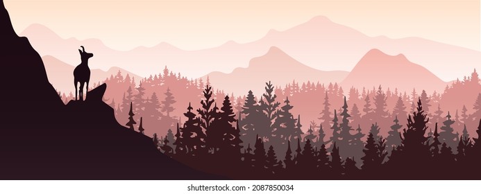 Horizontal banner. A chamois stands on top of hill with mountains and forest in background. Silhouette with pink and violet background. Illustration. Magic misty landscape.