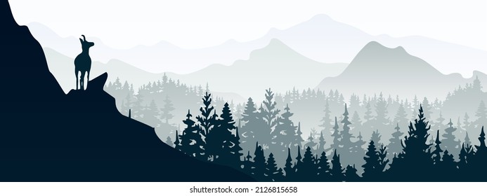 Banner horizontal. Un camafois se alza sobre una colina con montañas y bosque al fondo. Silueta negra de fondo gris. Ilustración. El paisaje mágico de la niebla.